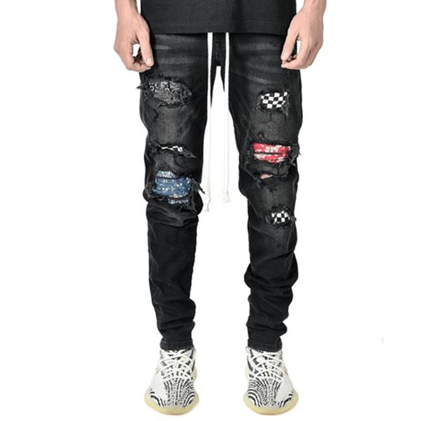 men's patchwork embroidery skinny locomotive jeans broken hole mid waist elasticity pure color jogging movement pencil pants, Blue
men's patchwork embroidery skinny locomotive jeans broken hole mid waist elasticity pure color jogging movement pencil pants, Blue