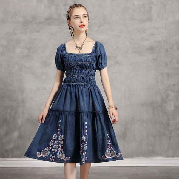 2021 black friday summer women's wear denim dress with french embroidery square collar showing thin new skirt 82237, White
2021 black friday summer women's wear denim dress with french embroidery square collar showing thin new skirt 82237, White