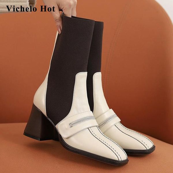 vichelo sock boots genuine leather knitting mixed colors square toe thick high heel slip on preppy style mid-calf boots l38, Black
vichelo sock boots genuine leather knitting mixed colors square toe thick high heel slip on preppy style mid-calf boots l38, Black