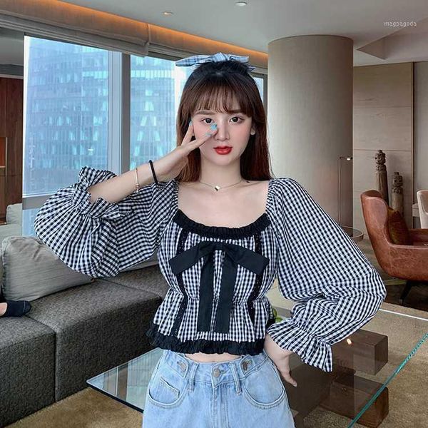 spring fall sweet korean ins women's clothing fashion brand blouses female flare sleeve crop plaid bow shirts mujer de moda1, White
spring fall sweet korean ins women's clothing fashion brand blouses female flare sleeve crop plaid bow shirts mujer de moda1, White