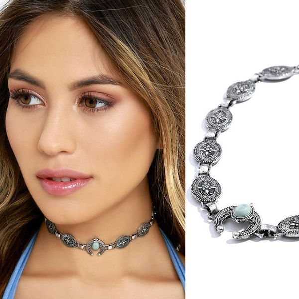 chokers lzhlq gypsy style design choker necklace women jewelry fashion alloy inlaid synthetic blue stone ladies temperament collar, Golden;silver 
chokers lzhlq gypsy style design choker necklace women jewelry fashion alloy inlaid synthetic blue stone ladies temperament collar, Golden;silver