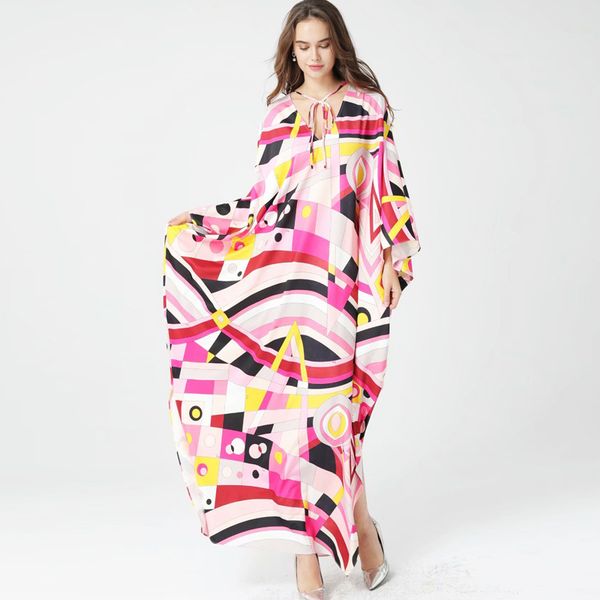 women's runway dresses o neck batwing sleeves printed lace up elegant long spring robes dresses vestidos, Black
women's runway dresses o neck batwing sleeves printed lace up elegant long spring robes dresses vestidos, Black