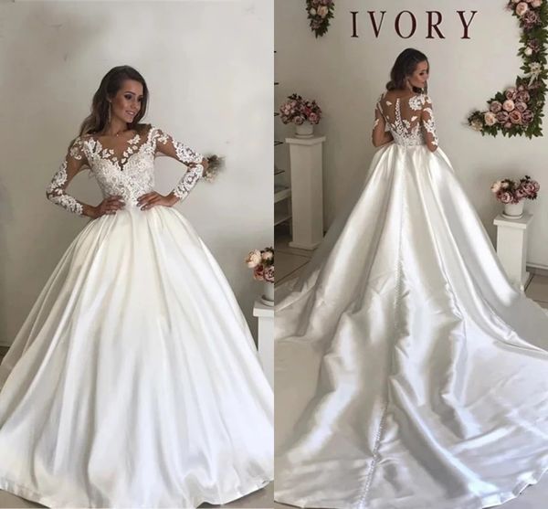 2021 modest satin ball gown wedding dresses sheer neck long sleeves lace appliqued bridal gowns court train arabic vestidos de novia al7649, White
2021 modest satin ball gown wedding dresses sheer neck long sleeves lace appliqued bridal gowns court train arabic vestidos de novia al7649, White
