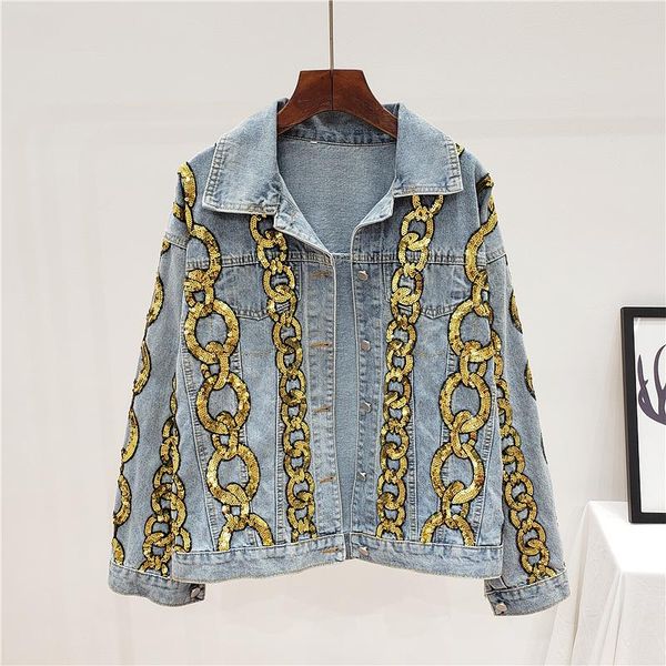 2020 spring autumn korea style denim jacket women long sleeve single breasted sequins chain turn down collar denim jacket coat, Black;brown
2020 spring autumn korea style denim jacket women long sleeve single breasted sequins chain turn down collar denim jacket coat, Black;brown
