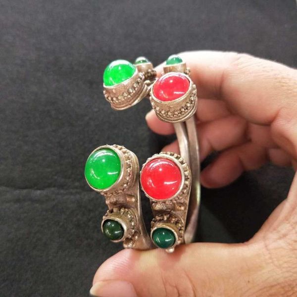 bangle antique red and green ruby jade double dragon tibet silver bracelet, Black
bangle antique red and green ruby jade double dragon tibet silver bracelet, Black