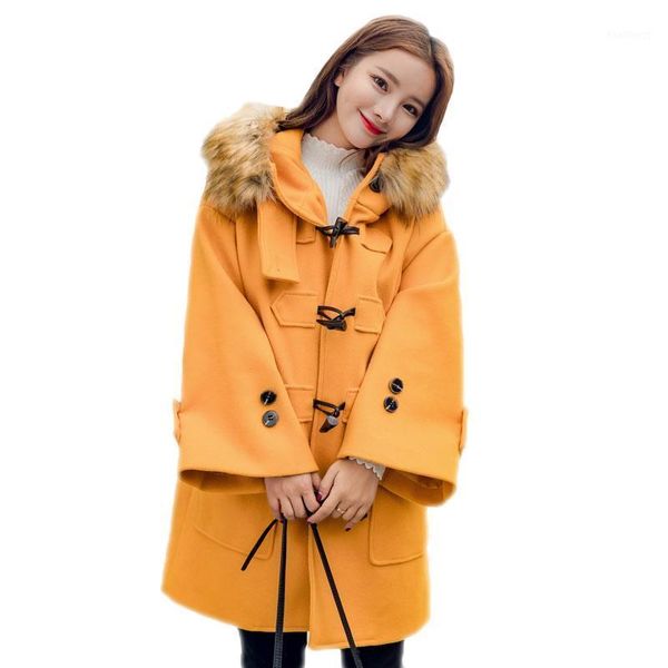 women winter cashmere loose oversize warm blends coats with faux fur collar female warm horn button woolen cardigan jackets b301, Black
women winter cashmere loose oversize warm blends coats with faux fur collar female warm horn button woolen cardigan jackets b301, Black