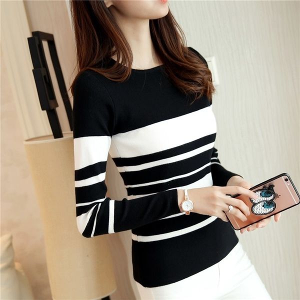 korean spring autumn women sweaters and pullovers o neck long sleeve striped knitwear slim sueter mujer pull femme y200910, White;black
korean spring autumn women sweaters and pullovers o neck long sleeve striped knitwear slim sueter mujer pull femme y200910, White;black