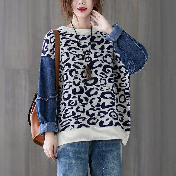 johnature 2020 winter new patchwork denim loose women sweater casual o-neck full sleeve print female sweaters, White;black
johnature 2020 winter new patchwork denim loose women sweater casual o-neck full sleeve print female sweaters, White;black