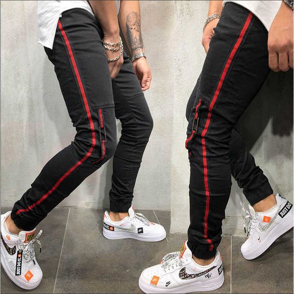 men's jeans skinny men red stripe mens biker denim super spray black pockets rubber band of calf, Blue
men's jeans skinny men red stripe mens biker denim super spray black pockets rubber band of calf, Blue