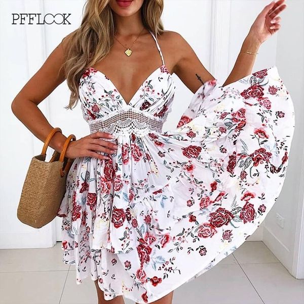 pfflook lace up halter summer dress women hollow out v neck high waist ruffle mini robes sleeveless backless beach vestidos, Black;gray 
pfflook lace up halter summer dress women hollow out v neck high waist ruffle mini robes sleeveless backless beach vestidos, Black;gray