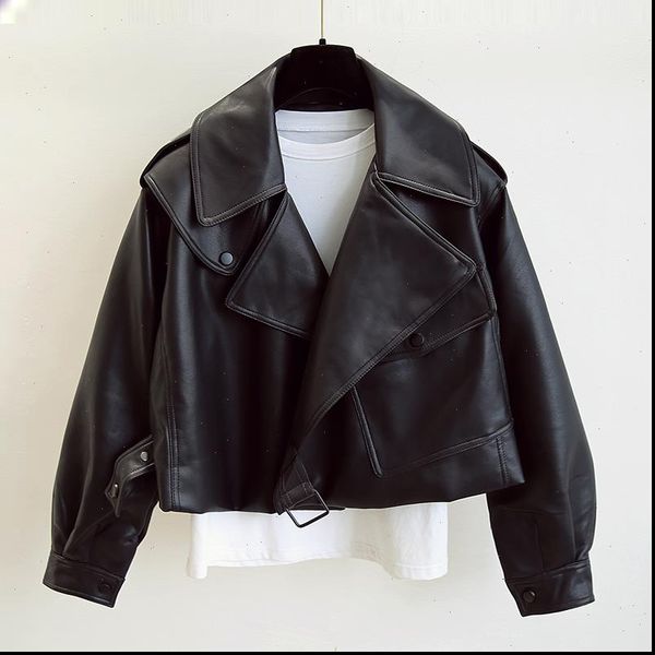 2021 new spring women pu leather motorcycle jacket female with belt solid color jackets ladys loose casual jacket outwear, Black
2021 new spring women pu leather motorcycle jacket female with belt solid color jackets ladys loose casual jacket outwear, Black