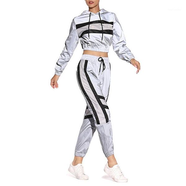 2 pcs women reflective outfits, adults long sleeve color block hooded crop + pants with drawstring1, Gray
2 pcs women reflective outfits, adults long sleeve color block hooded crop + pants with drawstring1, Gray