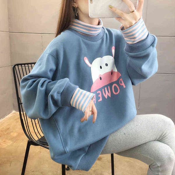 women's hoodi sweatshirts autumn and winter holiday two-piece sweater women's 2022 korean loose plush thickened half high collar b, Black 
women's hoodi sweatshirts autumn and winter holiday two-piece sweater women's 2022 korean loose plush thickened half high collar b, Black