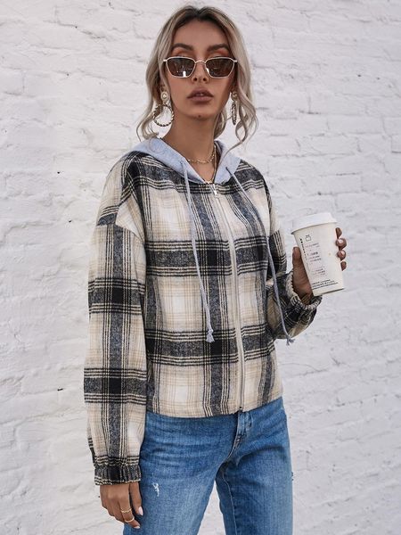 2021 new womens fashion cropped plaid drawstring hoodie girl style chic short hooded jackets outerwear 93fj, Black;brown 
2021 new womens fashion cropped plaid drawstring hoodie girl style chic short hooded jackets outerwear 93fj, Black;brown