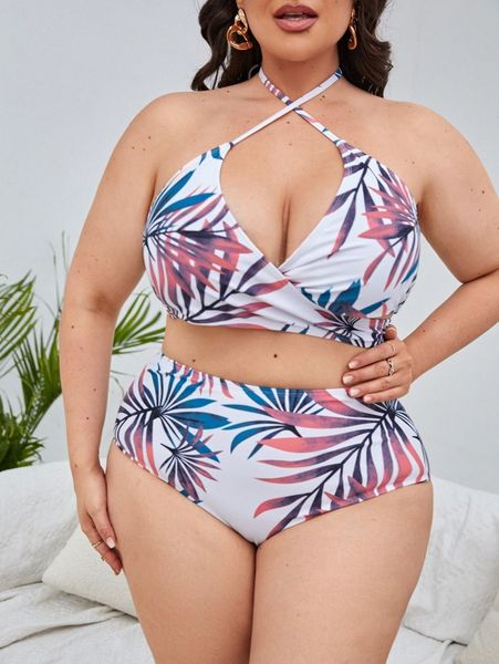 plus plant print wrap halter bikini swimsuit k9ux#, Black 
plus plant print wrap halter bikini swimsuit k9ux#, Black
