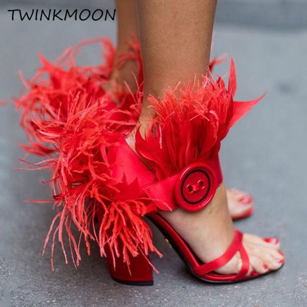 sandals red fur women satin ostrich feather shoes ankle buckle button block high heels party runway summer zapatos mujer, Black
sandals red fur women satin ostrich feather shoes ankle buckle button block high heels party runway summer zapatos mujer, Black