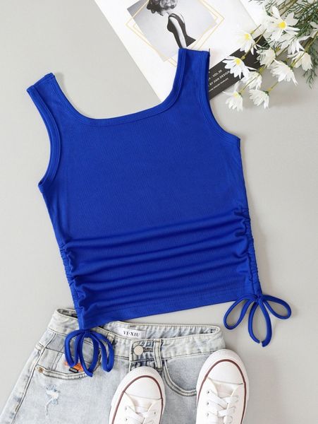 solid drawstring shirred tank 83bn#, White
solid drawstring shirred tank 83bn#, White