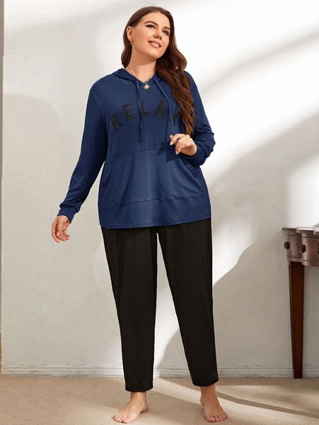plus letter graphic kangaroo pocket drawstring hooded pj set h7i2#, Black;white