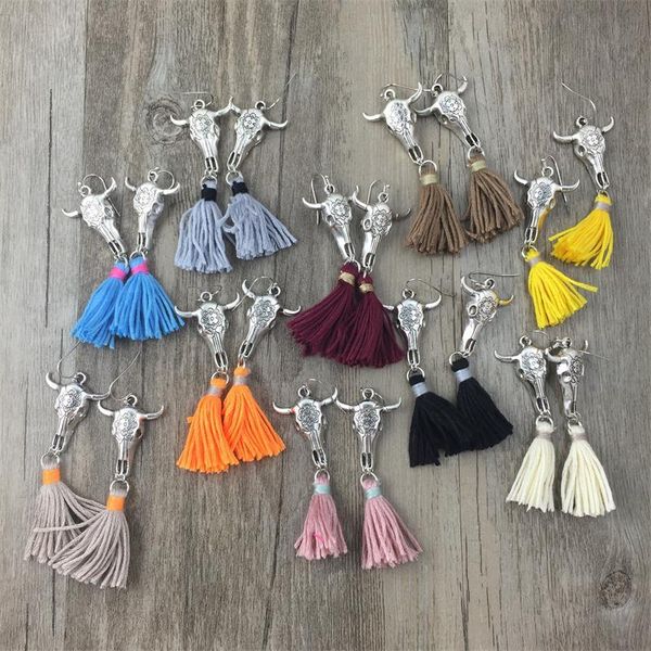 new antique silver dangle earrings with cotton tassel ethnic style bull skull tauren taurus charms earrings
new antique silver dangle earrings with cotton tassel ethnic style bull skull tauren taurus charms earrings