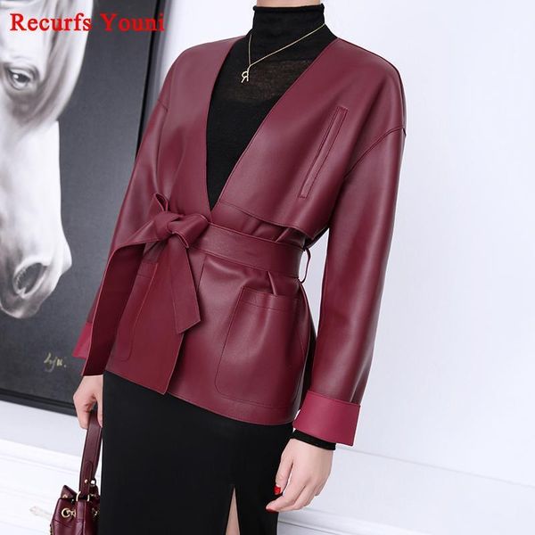 women's leather & faux women genuine jacket female japanese chic deep v-neck coat with belt wine red long-sleeved veste femme popa de m, Black
women's leather & faux women genuine jacket female japanese chic deep v-neck coat with belt wine red long-sleeved veste femme popa de m, Black