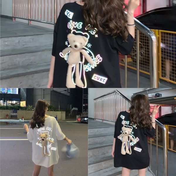 cotton short sleeve women's reflective back bear doll t-shirt girlfriends summer wear couple wearcouple dress loose medium length co, White
cotton short sleeve women's reflective back bear doll t-shirt girlfriends summer wear couple wearcouple dress loose medium length co, White