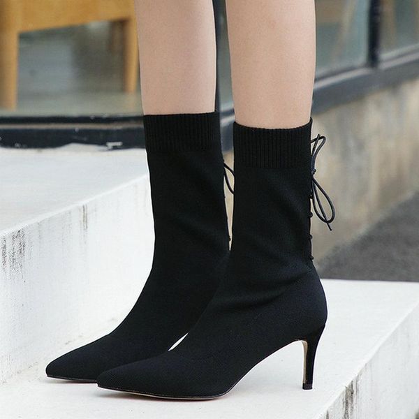 eshtonshero women mid calf boots shoe woman thin high heels knitting pointed toe elegant ladies motorcycle sock boots size 3-8, Black 
eshtonshero women mid calf boots shoe woman thin high heels knitting pointed toe elegant ladies motorcycle sock boots size 3-8, Black