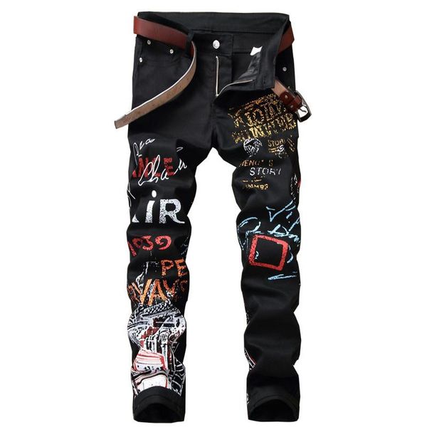mens hi street letter printed jeans trousers slim fit straight painted denim pants for male club wear black white, Blue
mens hi street letter printed jeans trousers slim fit straight painted denim pants for male club wear black white, Blue