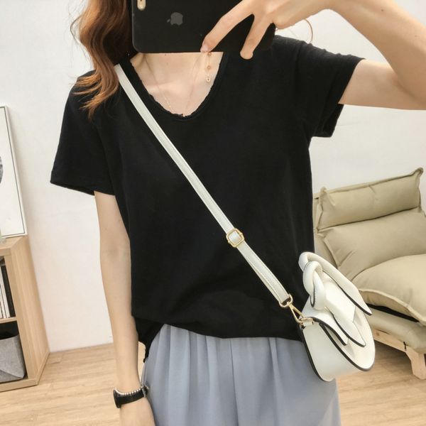 basic coat t-shirt curling design versatile loose and thin u-neck slub cotton short sleeve t-shirt for women's simple solid color botto, White
basic coat t-shirt curling design versatile loose and thin u-neck slub cotton short sleeve t-shirt for women's simple solid color botto, White