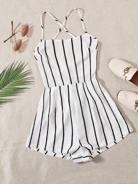 lace up backless striped cami romper e5cf#, White
lace up backless striped cami romper e5cf#, White