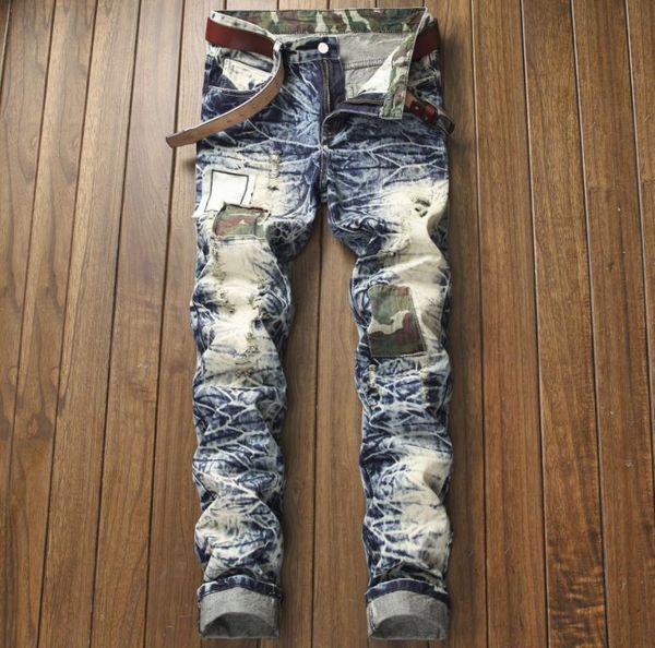 men's jeans patchwork camouflage destroyed cotton denim biker patches ripped slim fit pants, Blue
men's jeans patchwork camouflage destroyed cotton denim biker patches ripped slim fit pants, Blue