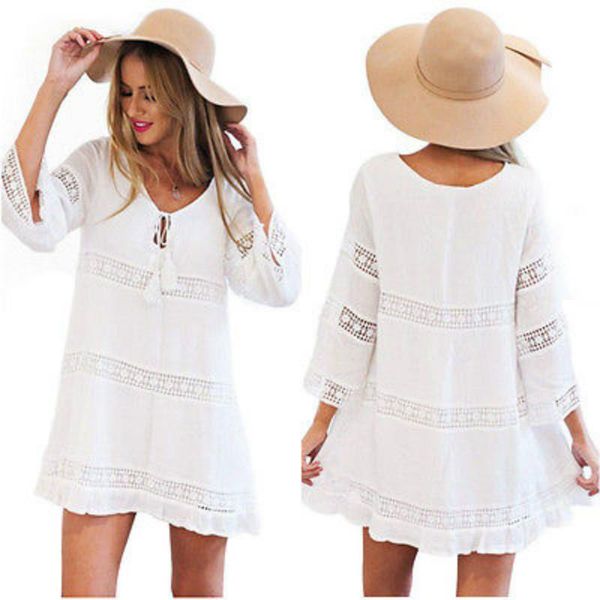 women summer blouse white loose short sleeve tassel bikini beach cover ups mini dress outfit sundress beachwear bathing sunsuit, White;black