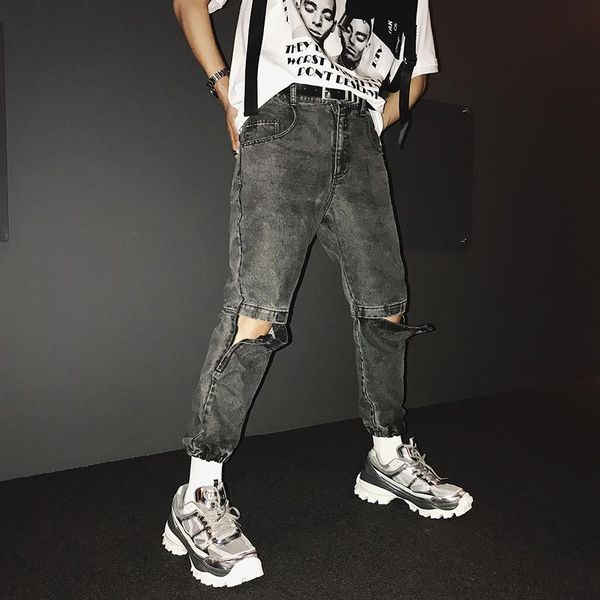 xl the new personality trend ripped zipper jeans male korean version thin black loose leg band nine cent trousers, Blue
xl the new personality trend ripped zipper jeans male korean version thin black loose leg band nine cent trousers, Blue