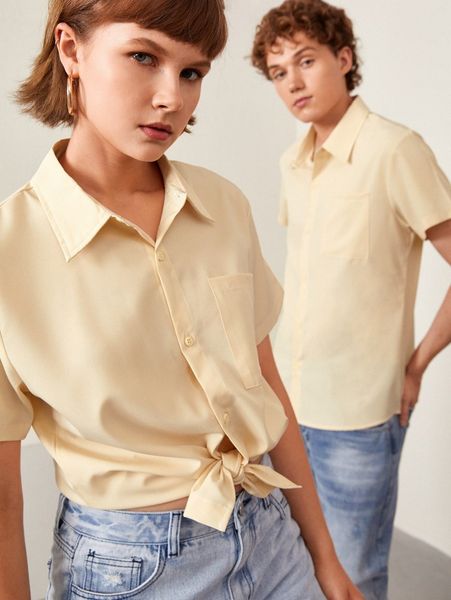 1pc pocket patched button up shirt q7tc#, White;black 
1pc pocket patched button up shirt q7tc#, White;black