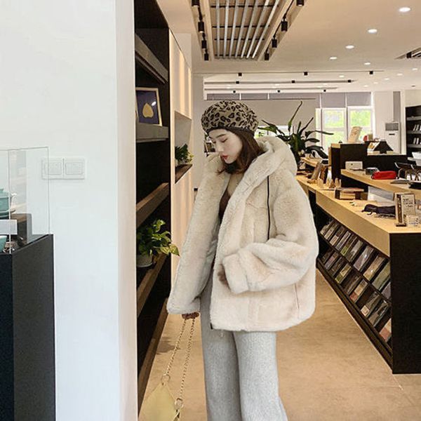 

faux fur women coat with hood fashion zipper plush thick slim pink faux fur jacket fake rabbit fur coats chaqueta mujer 201212, Black