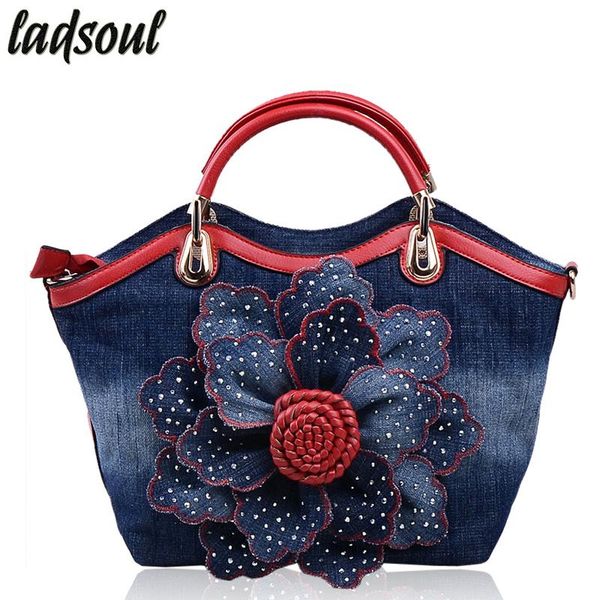 ladsoul popular denim women handbags elegant women bag female big flower luxury shoulder bags a738/g