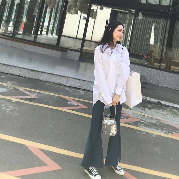 slim flared women's high waist autumn 2020 korean casual pants, Black;white 
slim flared women's high waist autumn 2020 korean casual pants, Black;white