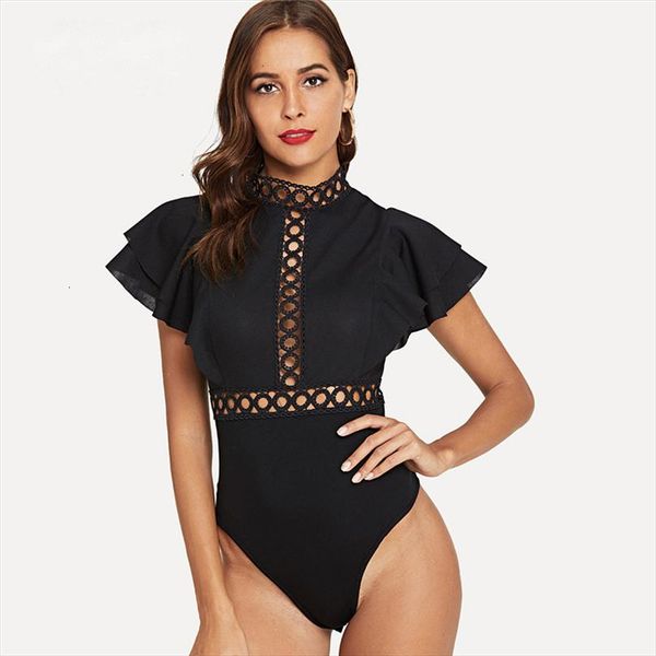 black lace insert layered ruffle bodysuit elegant cut out stand collar skinny bodysuit women zipper plain summer bodysuits, Black;white
black lace insert layered ruffle bodysuit elegant cut out stand collar skinny bodysuit women zipper plain summer bodysuits, Black;white