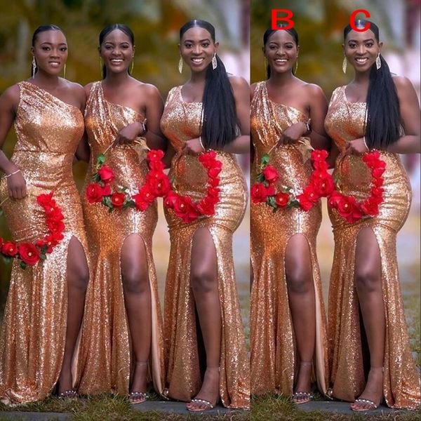 new bling gold sequined lace mermaid long bridesmaid dresses one shoulder sequins custom side split wedding guest gowns maid of honor dress, White;pink
new bling gold sequined lace mermaid long bridesmaid dresses one shoulder sequins custom side split wedding guest gowns maid of honor dress, White;pink