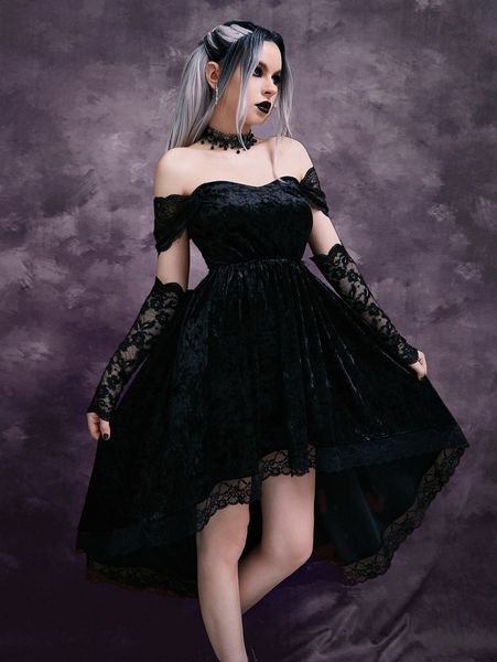 off shoulder contrast lace high low hem velvet dress without gloves u01o#, Black;gray
off shoulder contrast lace high low hem velvet dress without gloves u01o#, Black;gray