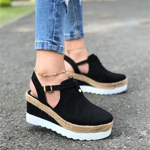 women's sandals vintage wedge shoes woman buckle strap straw thick bottom flats platform sandals flock female shoes summer 2020 c0202, Black
women's sandals vintage wedge shoes woman buckle strap straw thick bottom flats platform sandals flock female shoes summer 2020 c0202, Black