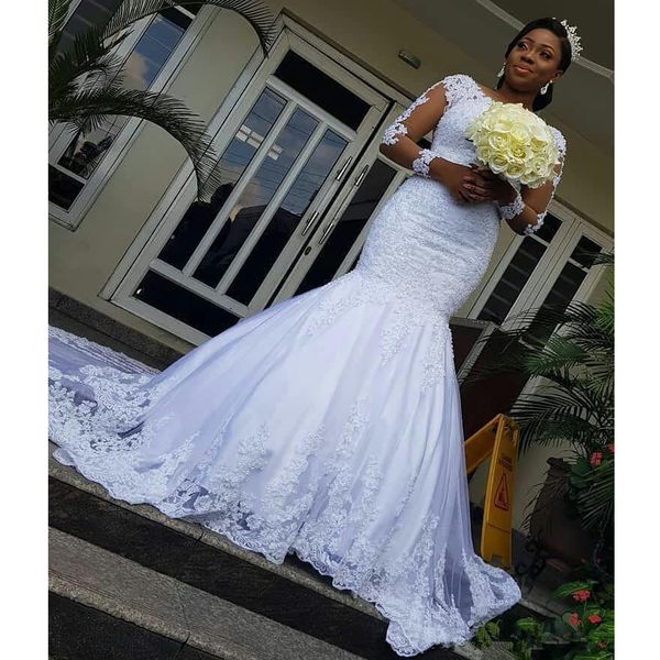 2021 new illusion sleeves african dresses mermaid applique trumpet wedding sweeping train dress fp2g, White
2021 new illusion sleeves african dresses mermaid applique trumpet wedding sweeping train dress fp2g, White