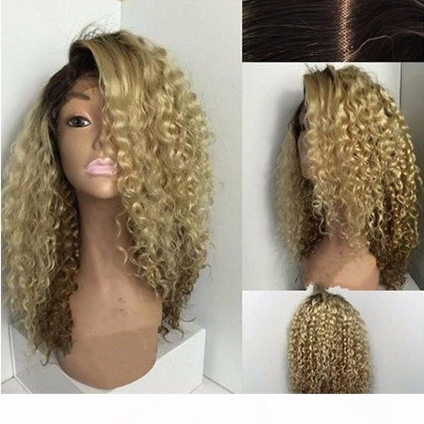 180density kinky curly ombre 1b blonde synthetic hair lace front wigs ombre kinky curly lace front bob wigs for black women