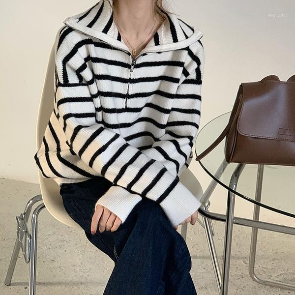 hzirip new autumn winter outwear retro striped pullover warm sweater women elegant loose zipper collar knitted sweaters1, White;black
hzirip new autumn winter outwear retro striped pullover warm sweater women elegant loose zipper collar knitted sweaters1, White;black