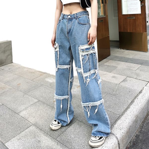 spring summer 2020 new streetwear big pocket wash water used jeans women's loose casual wide leg pants, Blue
spring summer 2020 new streetwear big pocket wash water used jeans women's loose casual wide leg pants, Blue