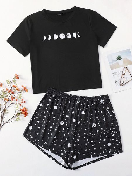 plus galaxy print pajama set 98ao#, Black;white