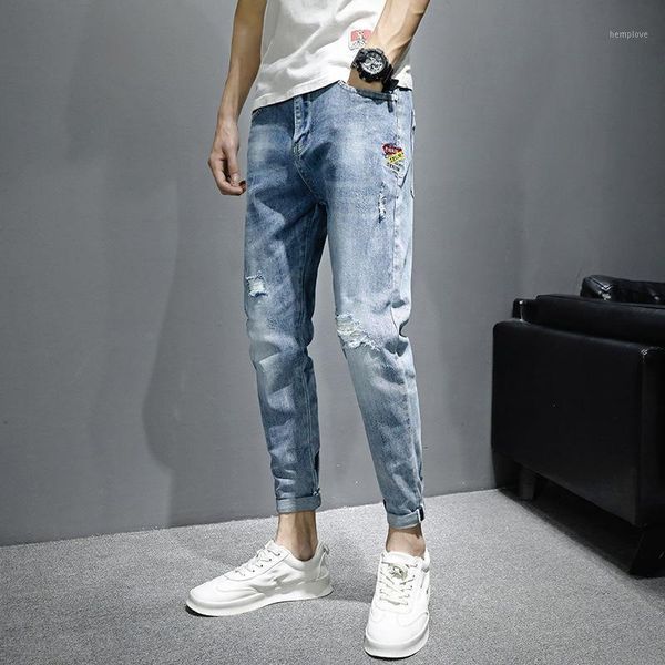 denim jeans men's summer thin stretch self-cultivation korean ankle length pants ripped holes casual light-colored pencil pants1, Blue
denim jeans men's summer thin stretch self-cultivation korean ankle length pants ripped holes casual light-colored pencil pants1, Blue