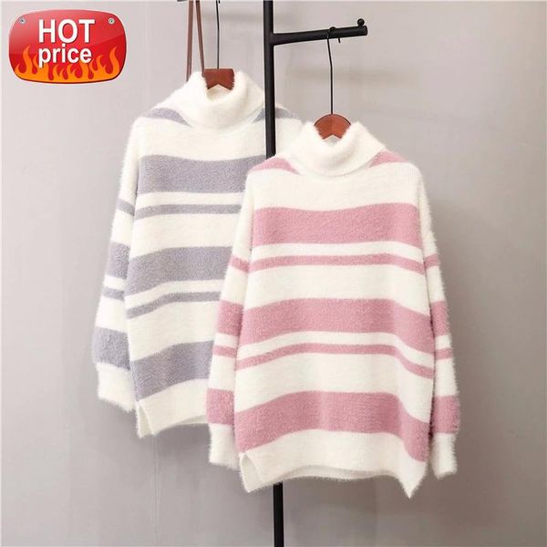 faux mink hair sweet wind hit color sweater female striped high neck loose long sleeve casual knitted jumpers pullover spring #ba0k, White
faux mink hair sweet wind hit color sweater female striped high neck loose long sleeve casual knitted jumpers pullover spring #ba0k, White