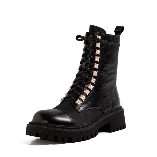mkkhou fashion marin boot women 2020 new winter leather round head pearl cross lacing middle heel short leather boot women, Black
mkkhou fashion marin boot women 2020 new winter leather round head pearl cross lacing middle heel short leather boot women, Black