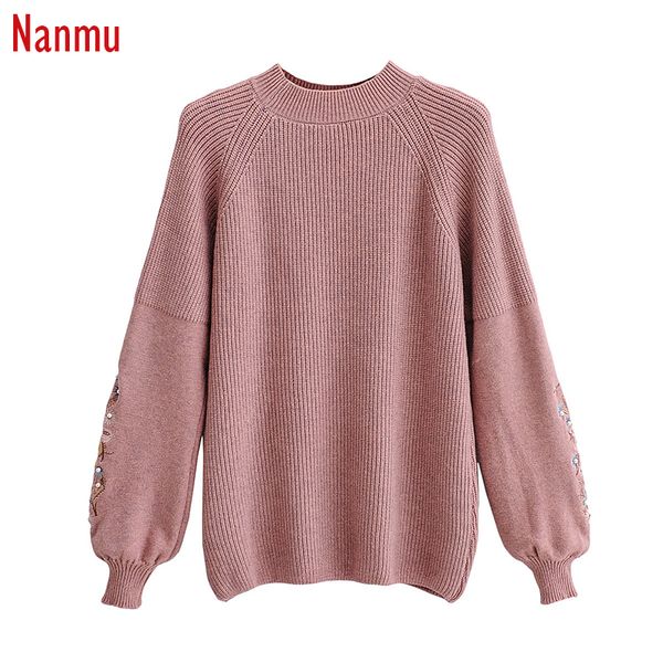 autumn and winter women's hand embroidered long sleeve knitted pullover sweater pink round neck loose lantern long sleeve top, White;black
autumn and winter women's hand embroidered long sleeve knitted pullover sweater pink round neck loose lantern long sleeve top, White;black
