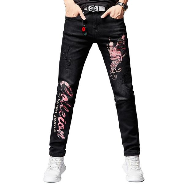 high embroidery printed street fashion mens butterfly letter painted black designer skinny hip hop jeans stretch denim, Blue
high embroidery printed street fashion mens butterfly letter painted black designer skinny hip hop jeans stretch denim, Blue